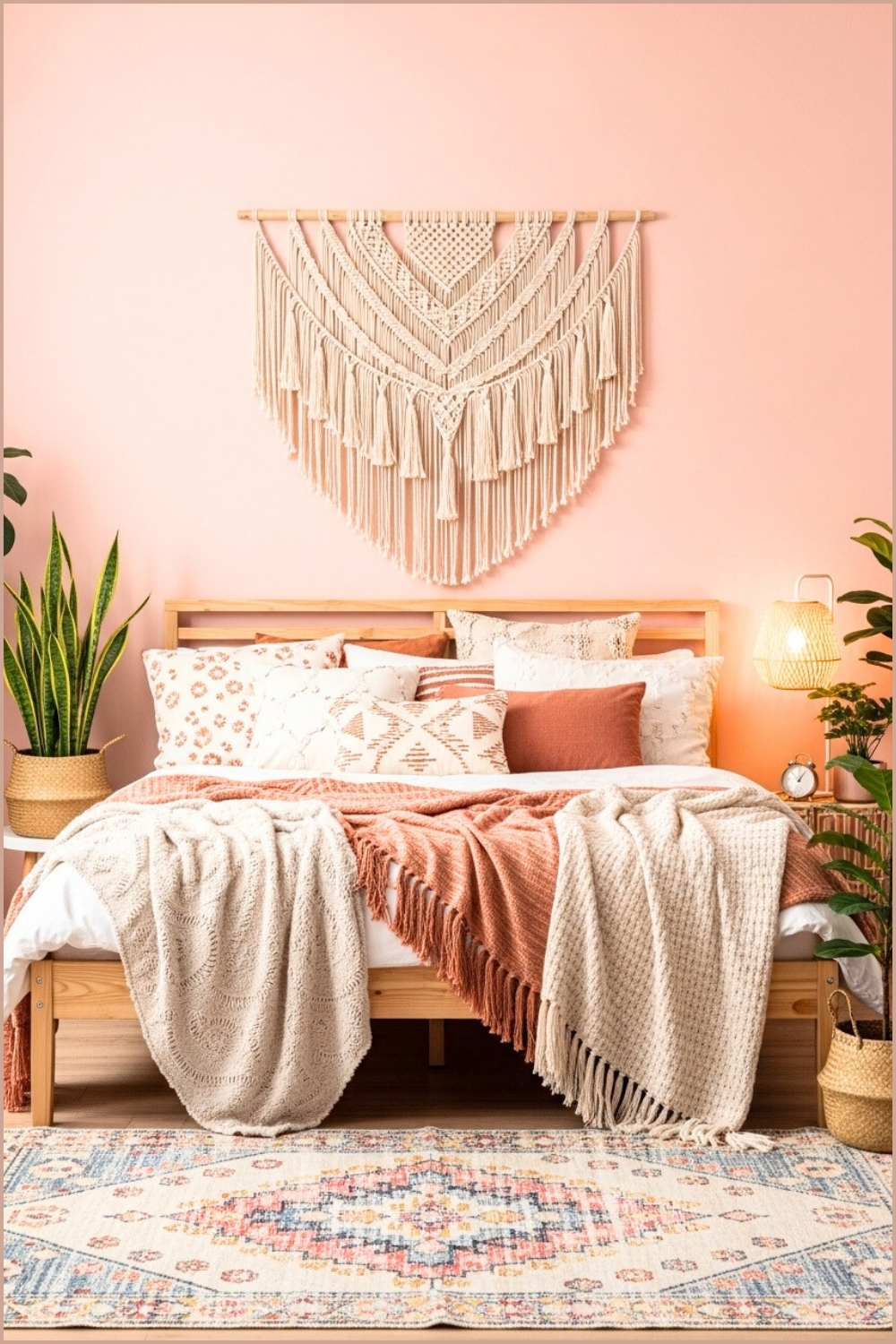 Bohemian Chic Bedroom, Blush Pink Walls, Woven Macrame Wall Hanging