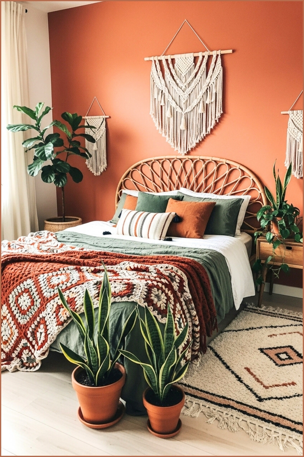 Bohemian Chic Bedroom, Rattan Headboard, Macrame Wall Decor