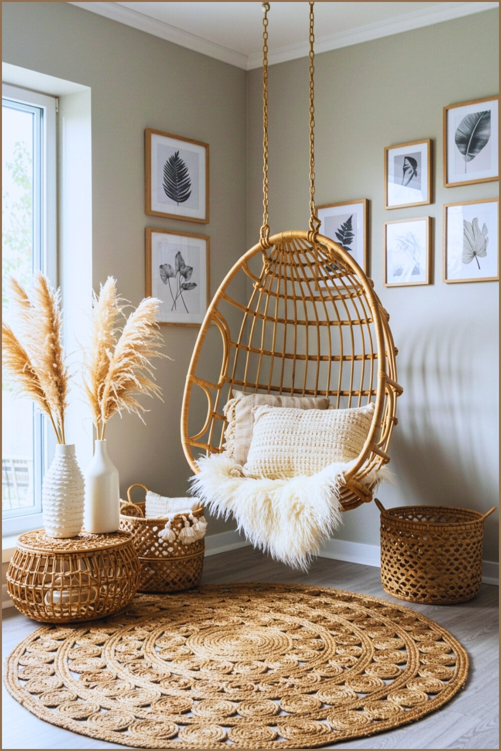 Bohemian Corner With Rattan Swing Chair Soft Throw