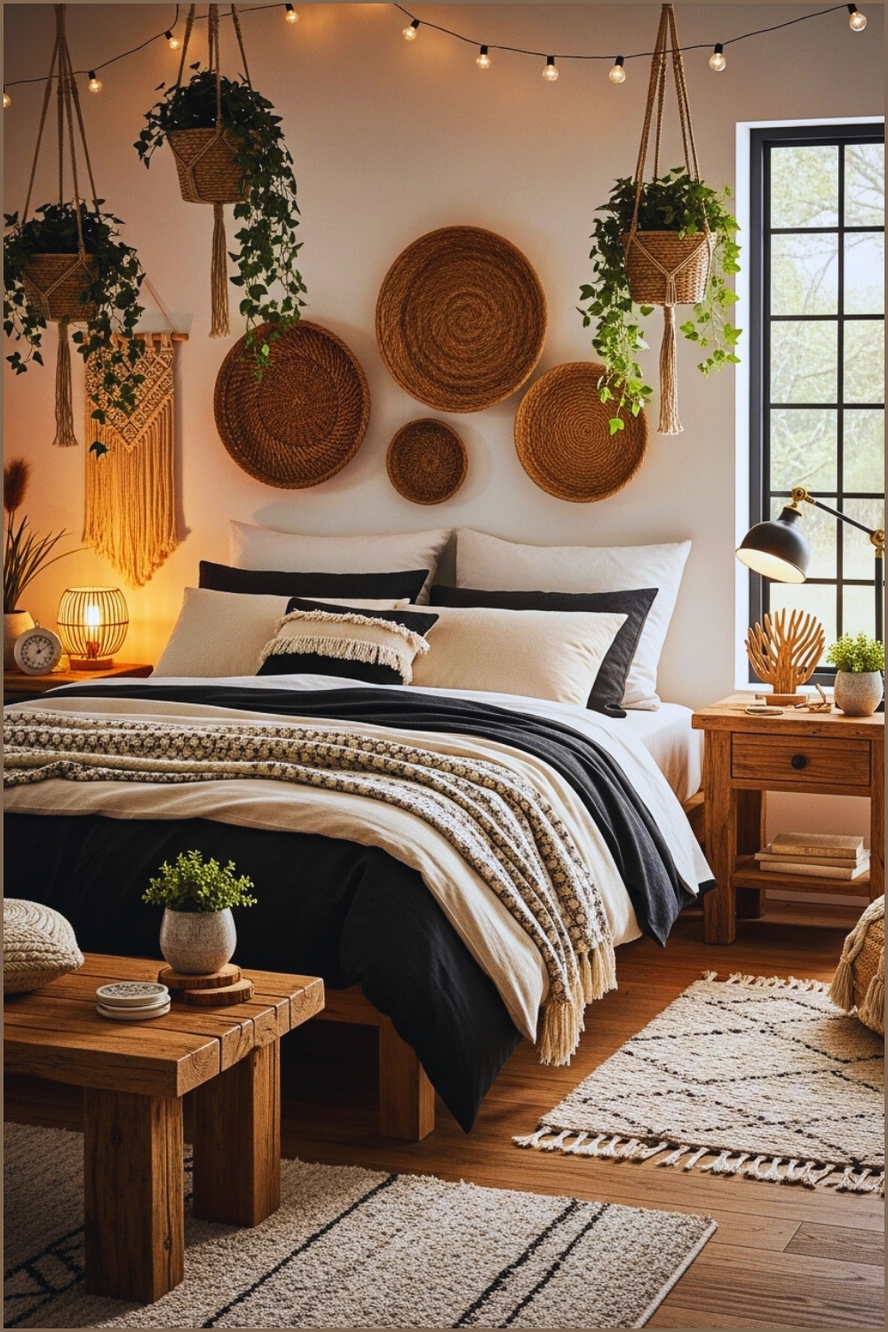 Bohemian Cozy Bedroom With Hanging Plants Woven Baskets Warm Lighting