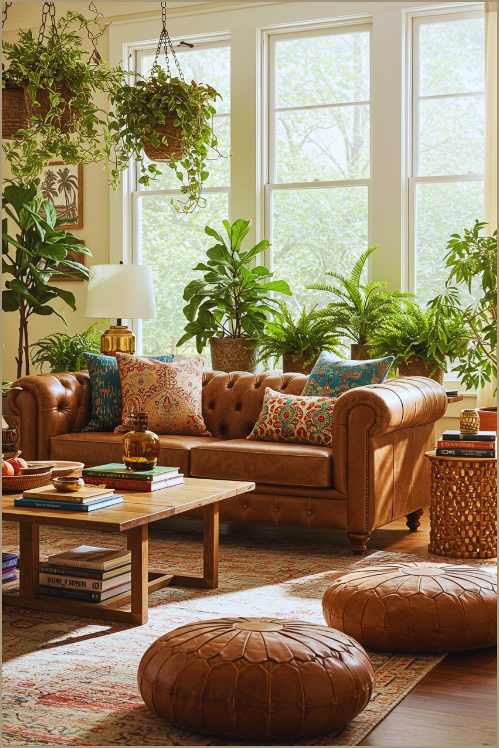 Bohemian Jungle Inspired Living Room With Brown Leather Tufted Sofa