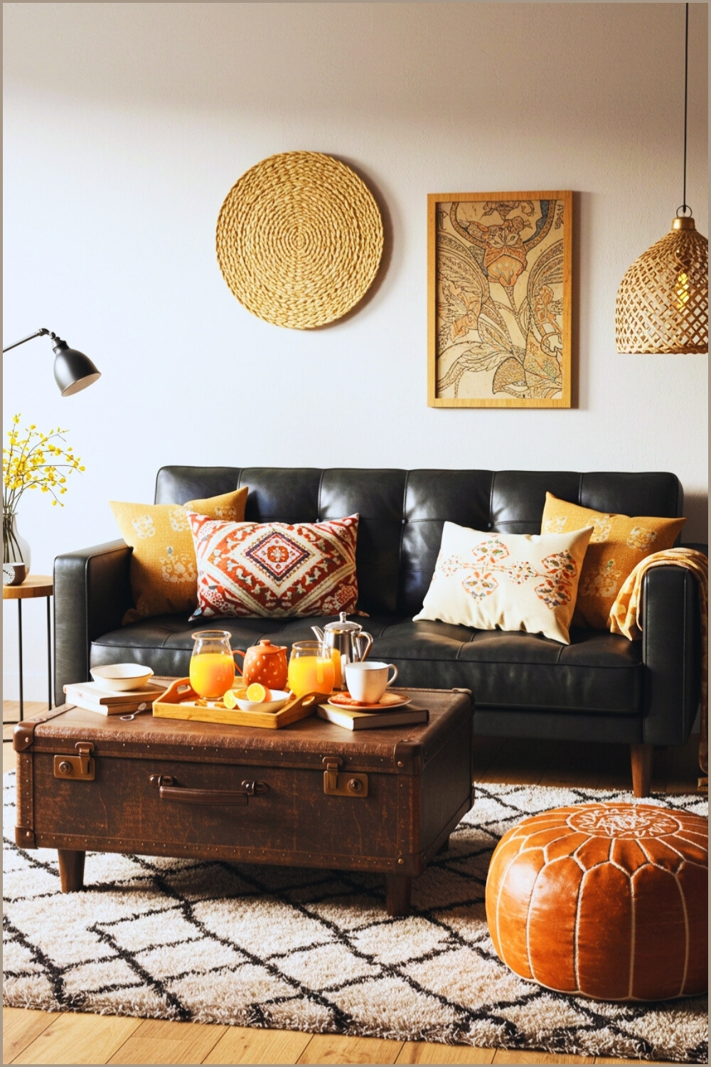Bohemian Living Room Black Leather Sofa Pillows