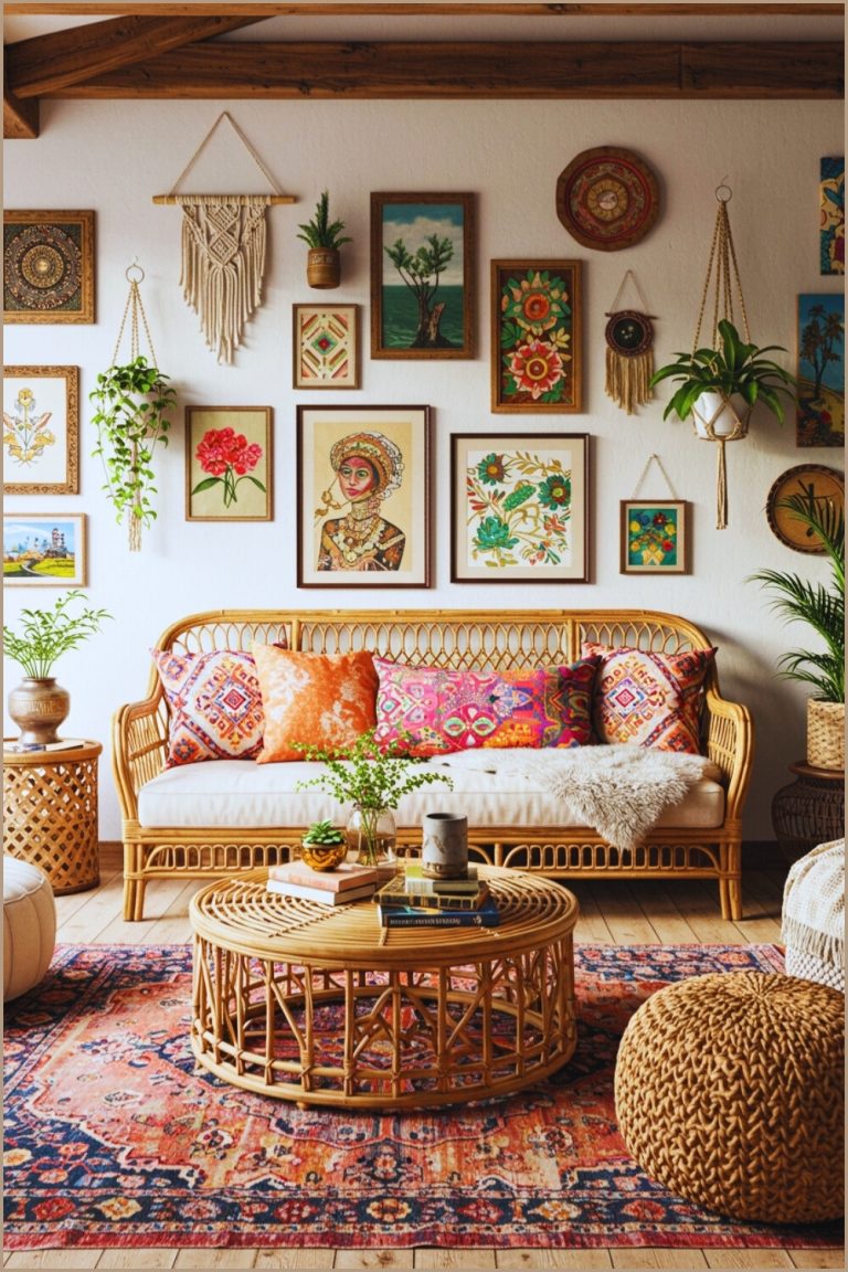 Bohemian Living Room Rattan Sofa Colorful Cushions
