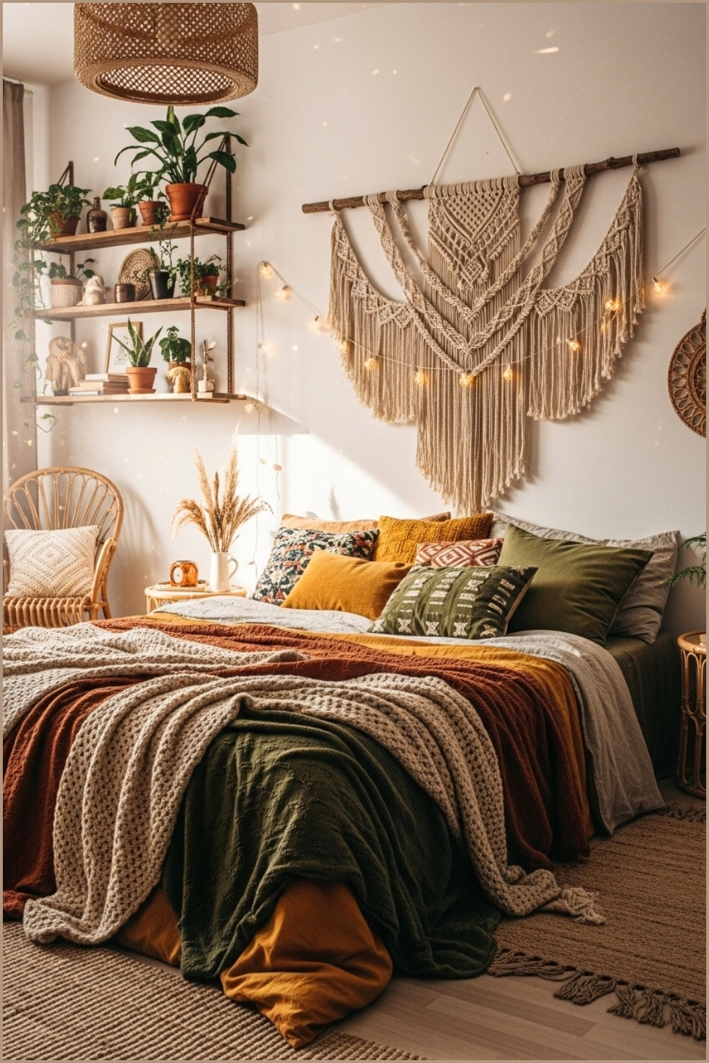 Bohemian Romantic Bedroom With Eclectic Decor, Large Macrame Wall Art
