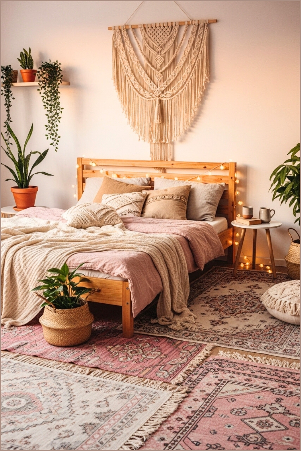 Boho Bedroom, Wooden Bed, Macrame Wall Hanging, Layered Rugs