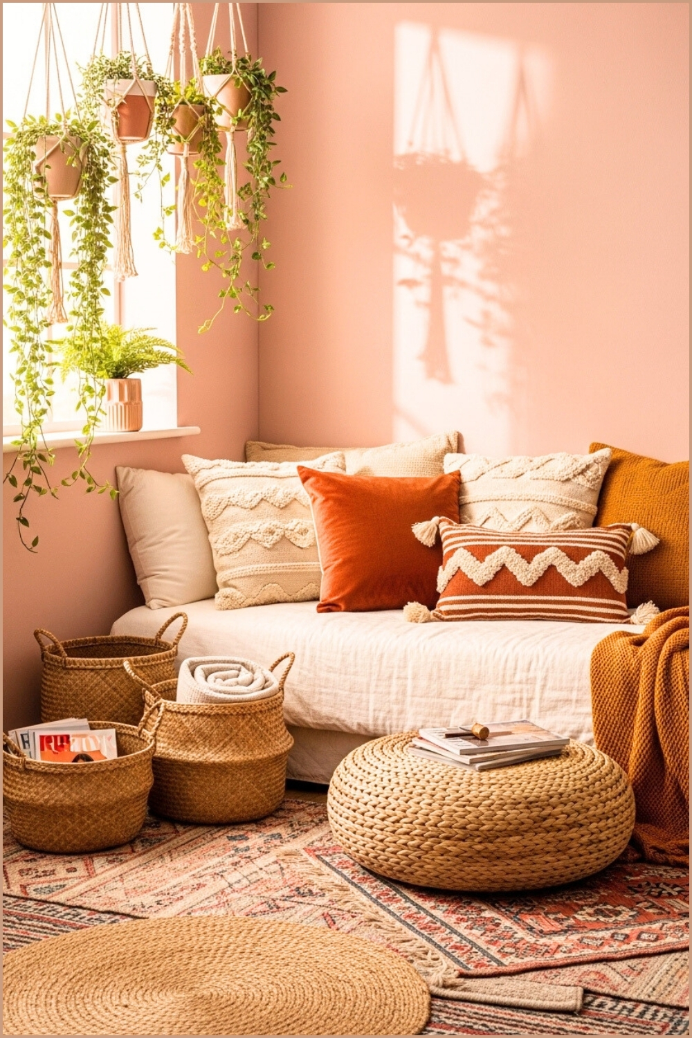 Boho Chic Bedroom Corner, Cozy Daybed With Textured Pillows