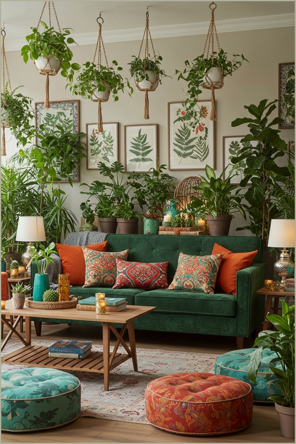 Boho Living Room Green Velvet Sofa