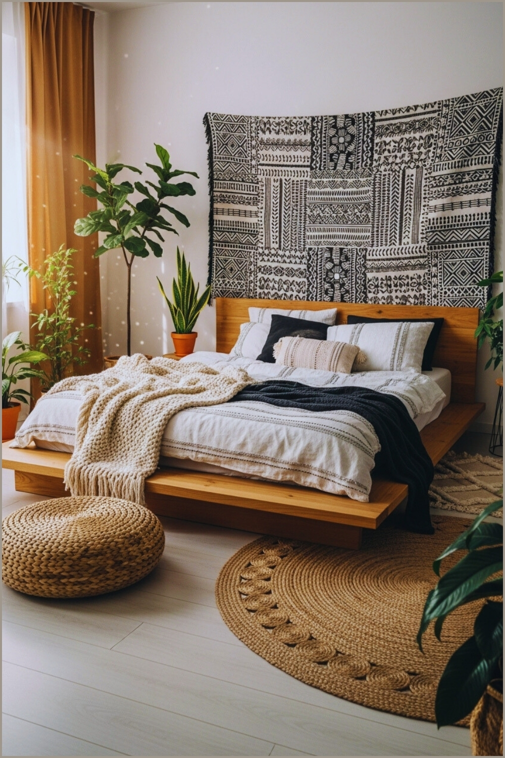 Boho Modern Bedroom Interior Natural Wood Bed Framec