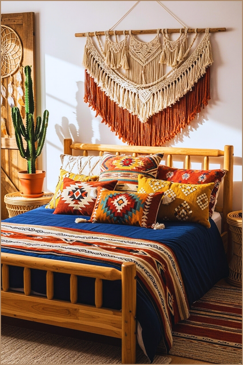 Boho Southwestern Bedroom With Wooden Bed Frame Navy Blue Bedding