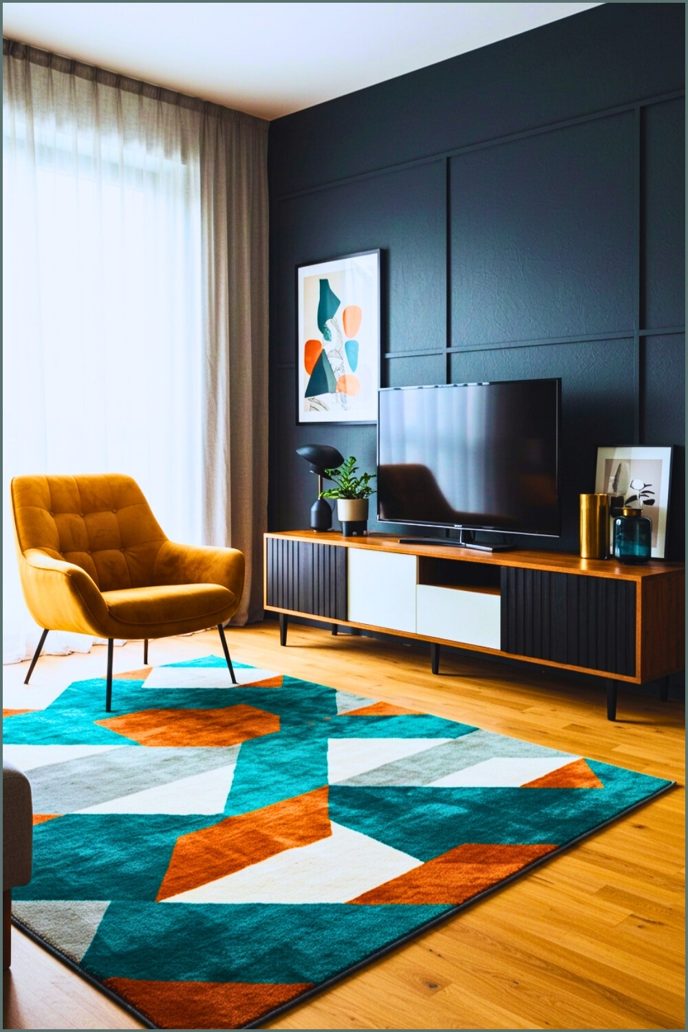 Bold Teal Rust Orange Geometric Rug