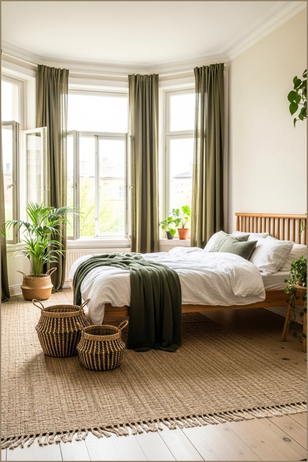 Bright Airy Bedroom With Large Bay Windows, Olive Green Curtains, Wooden Bed Frame