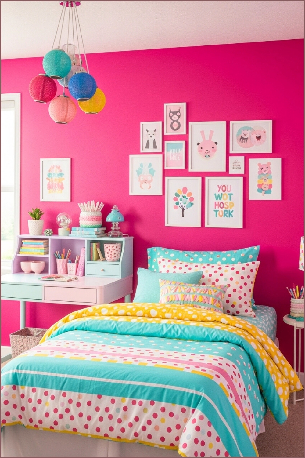 Bright And Colorful Teen Bedroom, Hot Pink Walls, Playful Patterned Bedding