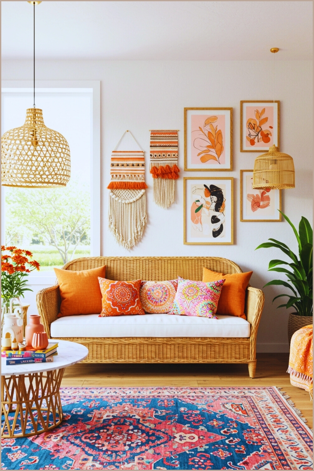 Bright Bohemian Living Room Wicker Sofa White Cushions