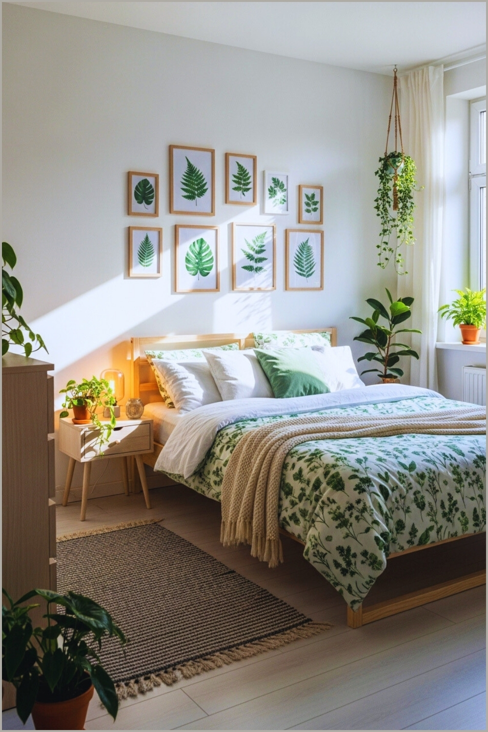 Bright Botanical Bedroom With Green And White Color Scheme Wooden Furniture