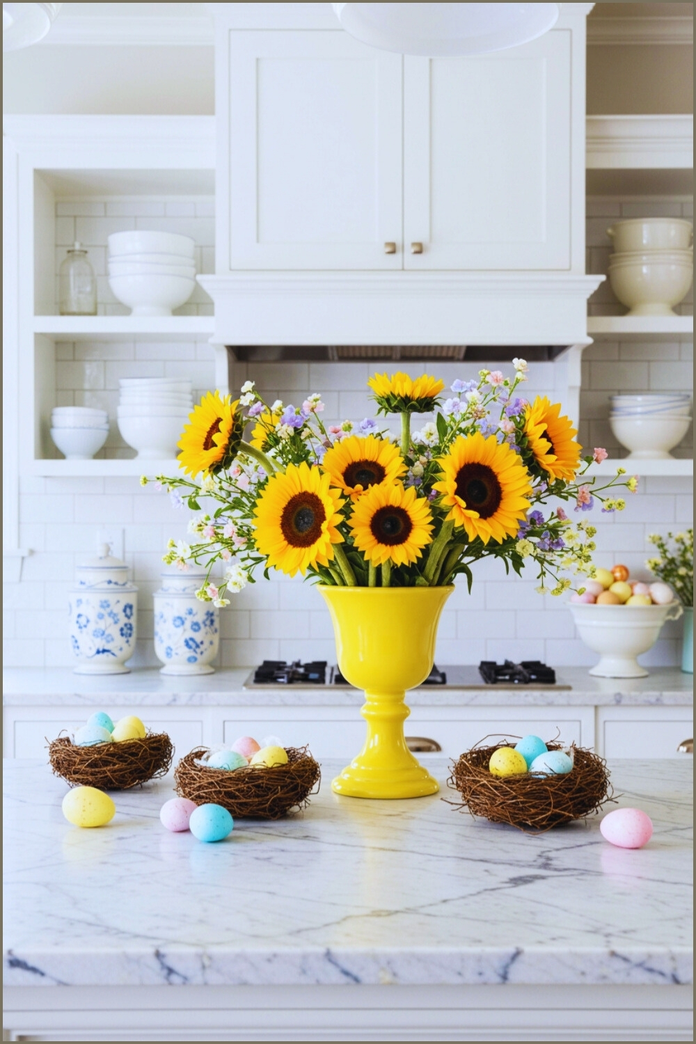 Bright Cheerful Kitchen Marble Countertops White Cabinets