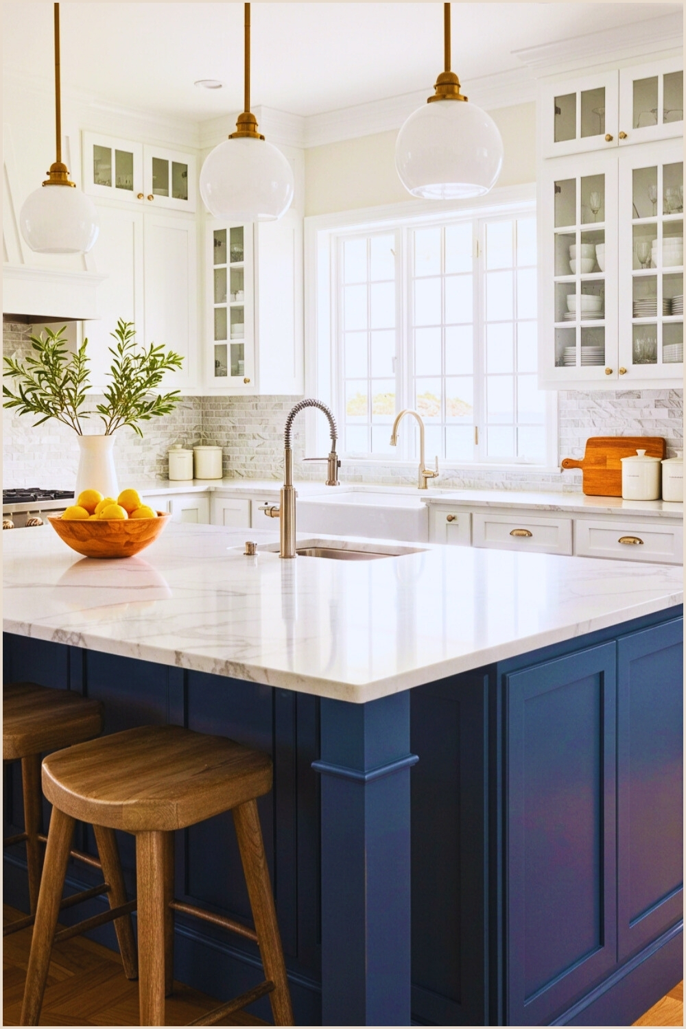 Bright Coastal Kitchen Navy Shaker Cabinets