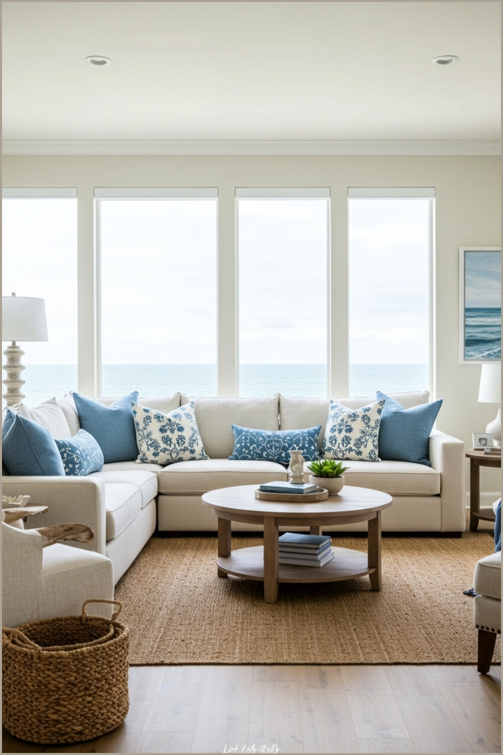 Bright Coastal Living Room Ocean View Windows