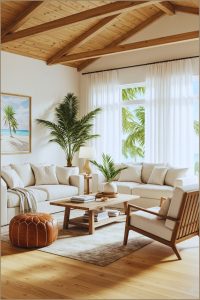 Bright Coastal Living Room Vaulted Wood Beams