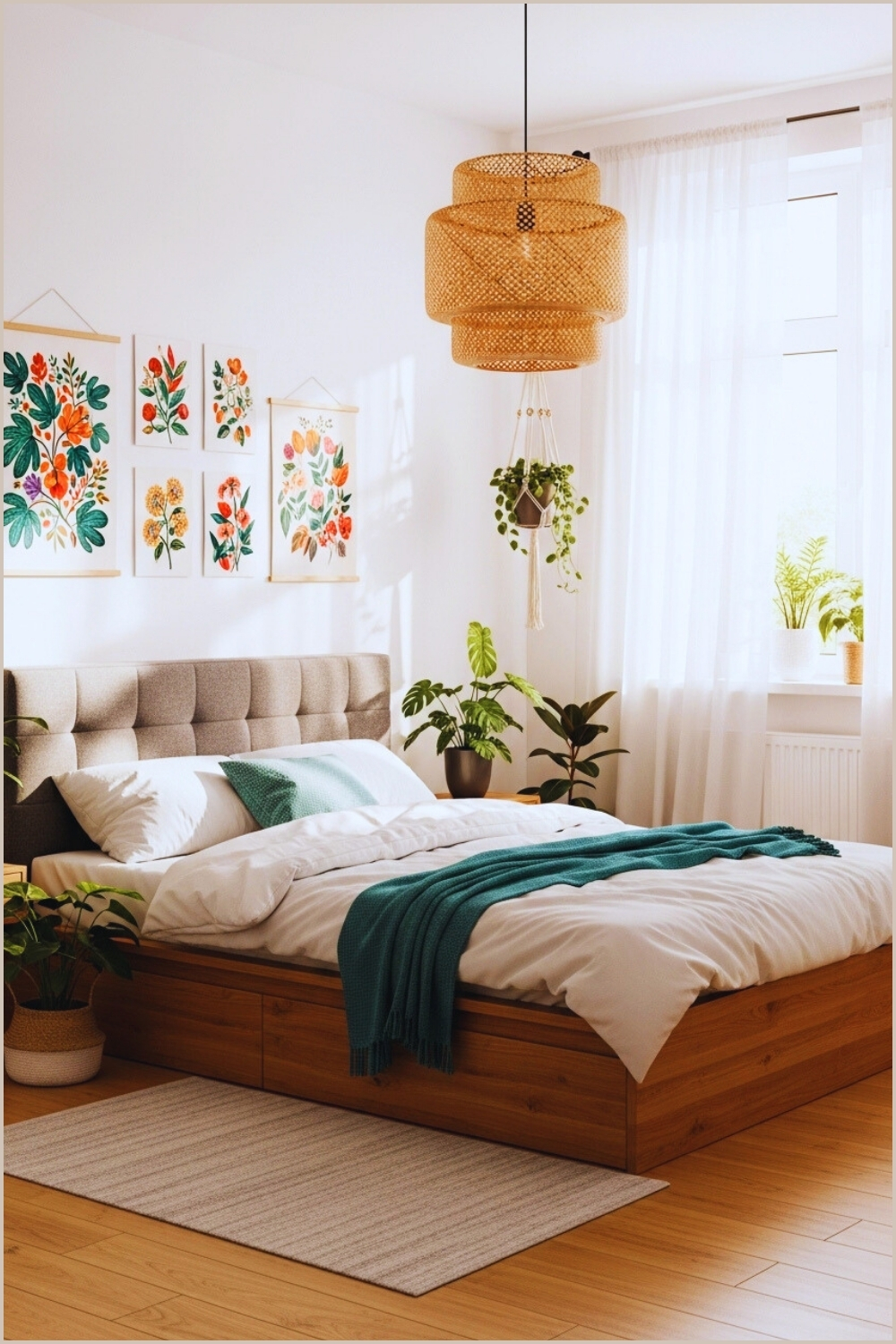 Bright Cozy Bedroom With Colorful Botanical Wall Art Above The Bed