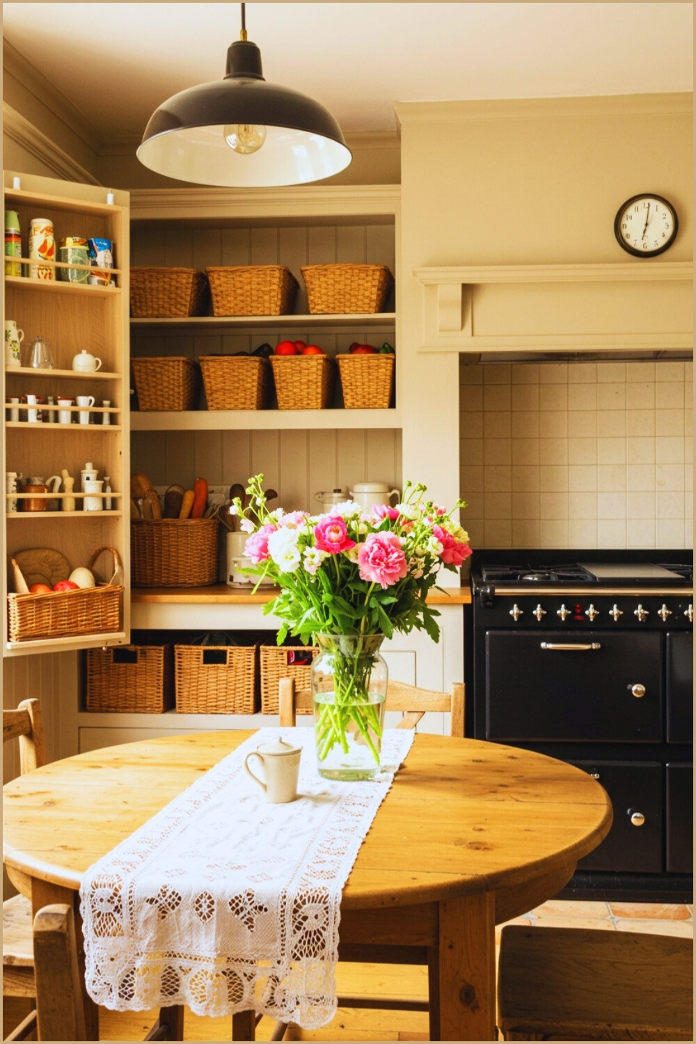 Bright Farmhouse Kitchen Open Pantry