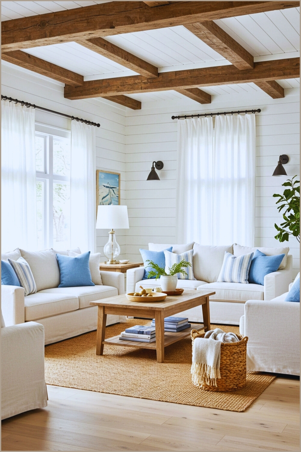 Bright Farmhouse Living Room White Shiplap And Exposed Wood