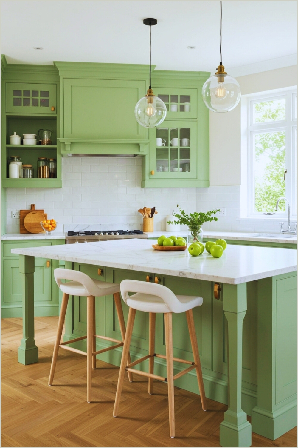 Bright Kitchen Green Cabinets Marble Island