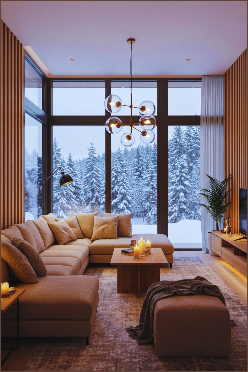 Bright Living Room Floor To Ceiling Snow View