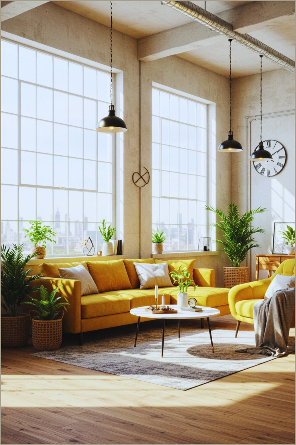 Bright Living Room Tall Industrial style Windows