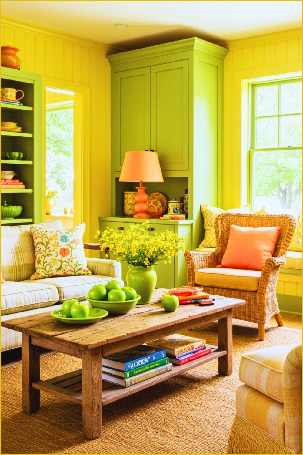 Bright Living Room Yellow Walls Green Cabinets