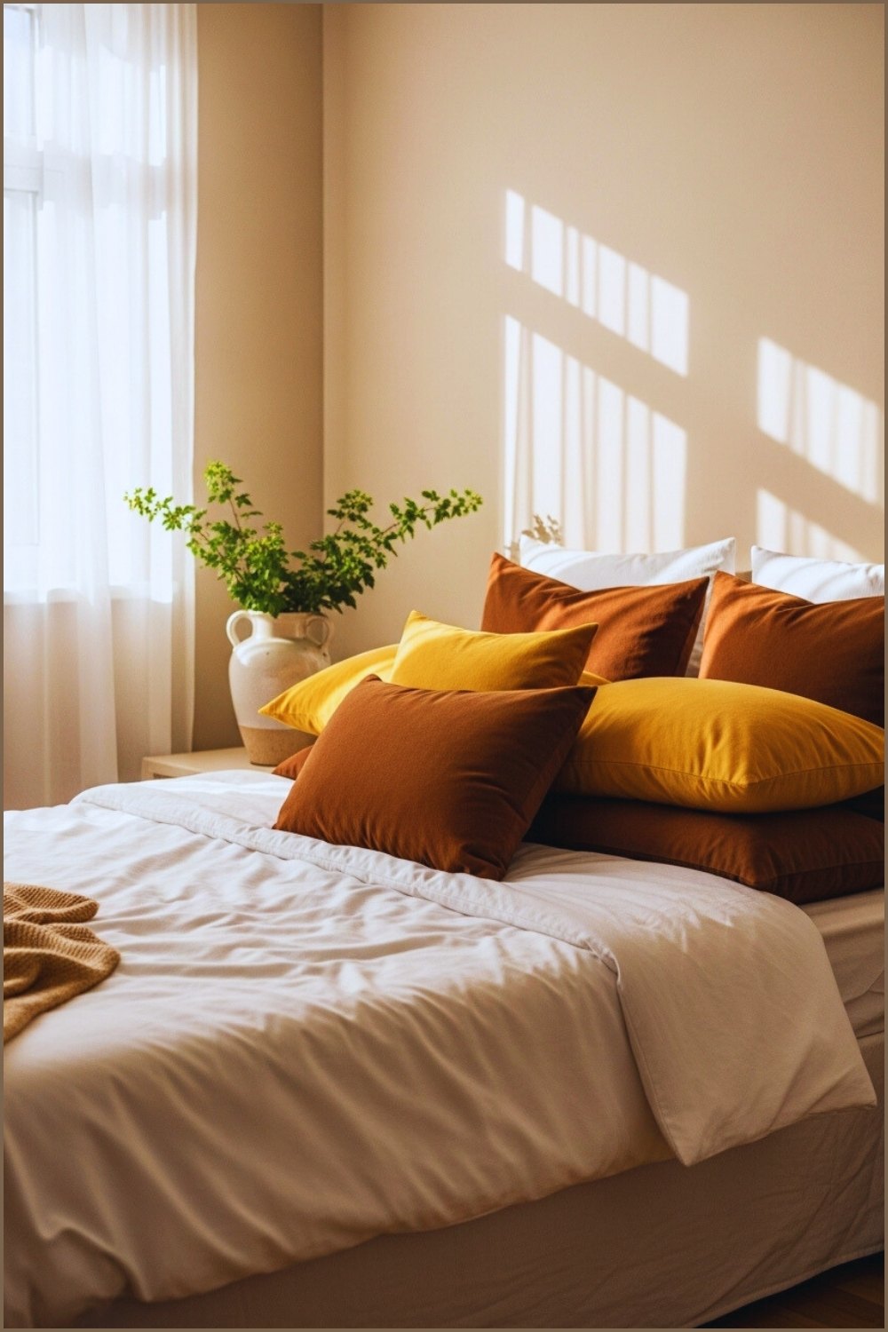 Bright Minimalist Bedroom, White Bedding With Layered Pillows In Mustard And Brown Tones,