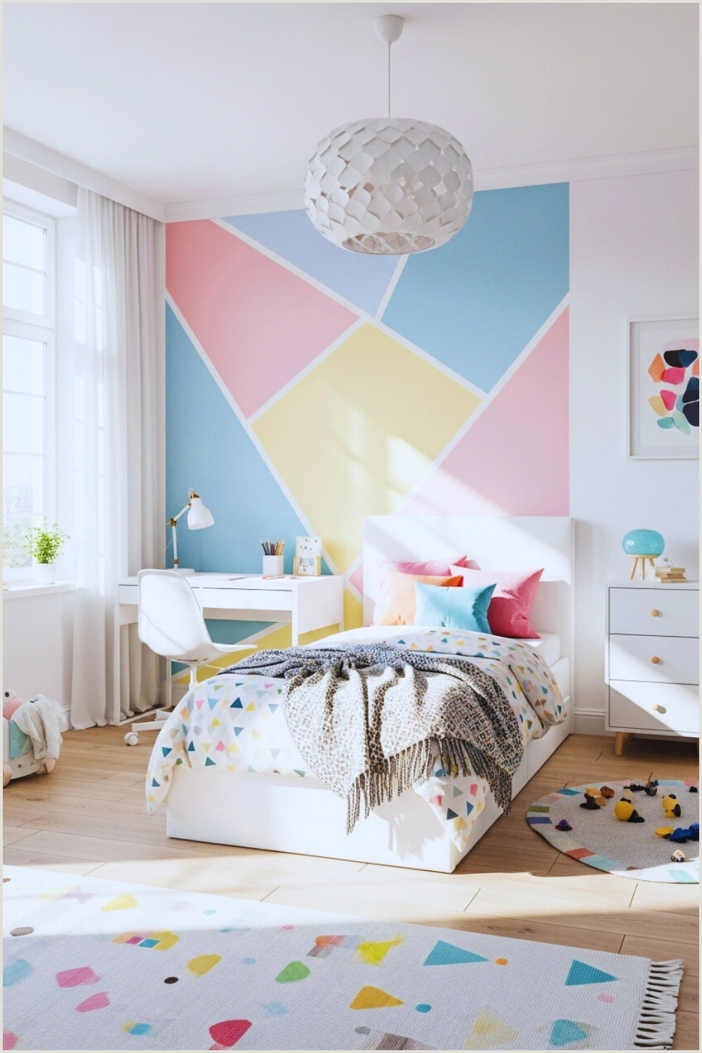 Bright Modern Kids Bedroom With Geometric Pastel Wall Design In Pink