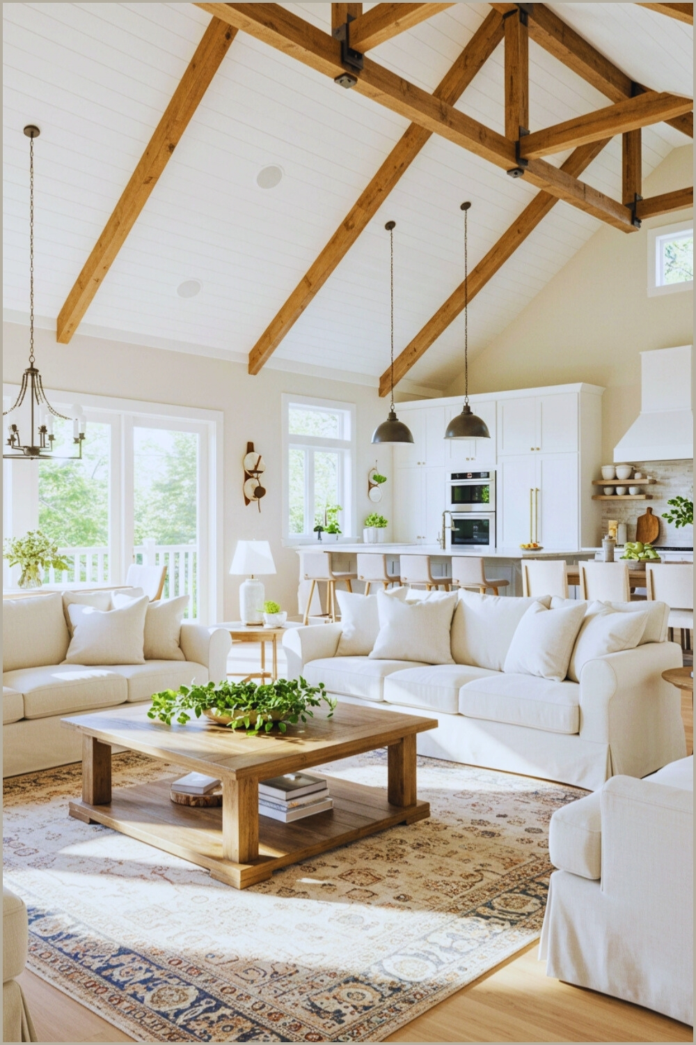 Bright Open Living Room Vaulted Ceiling Wooden Beams