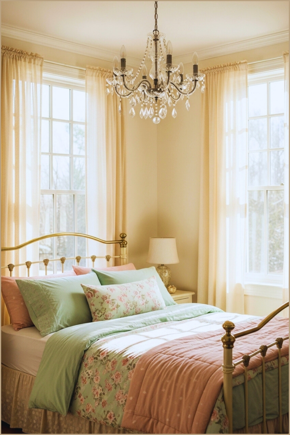 Bright Romantic Bedroom Interior With Tall French Windows