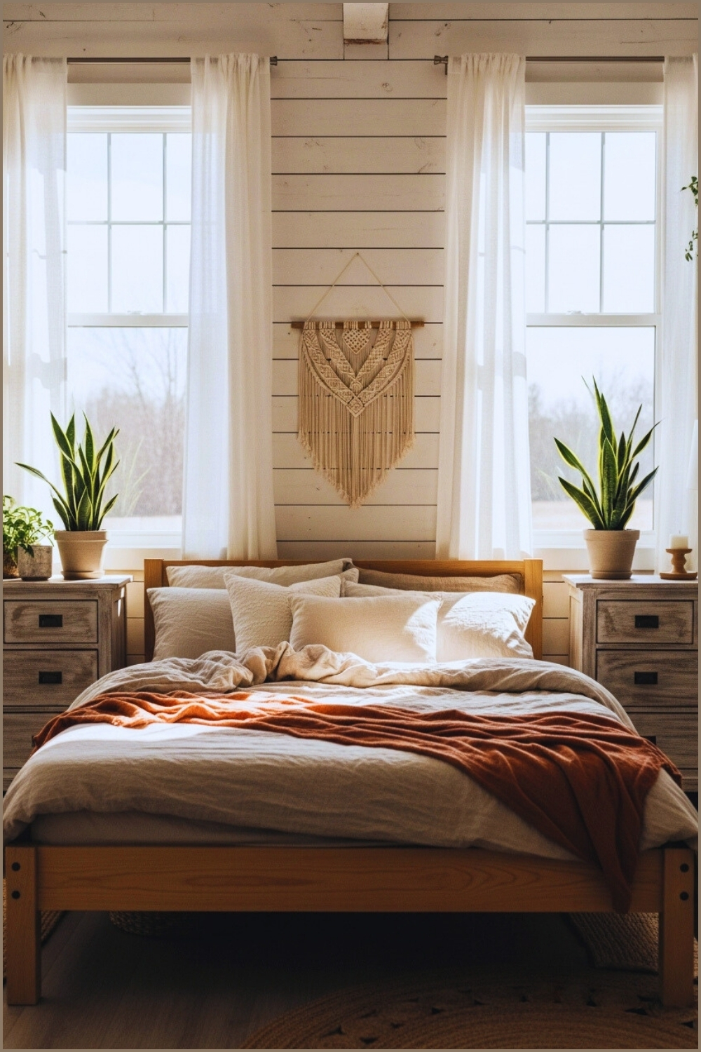 Bright Rustic Farmhouse Bedroom With Whitewashed Wooden Walls