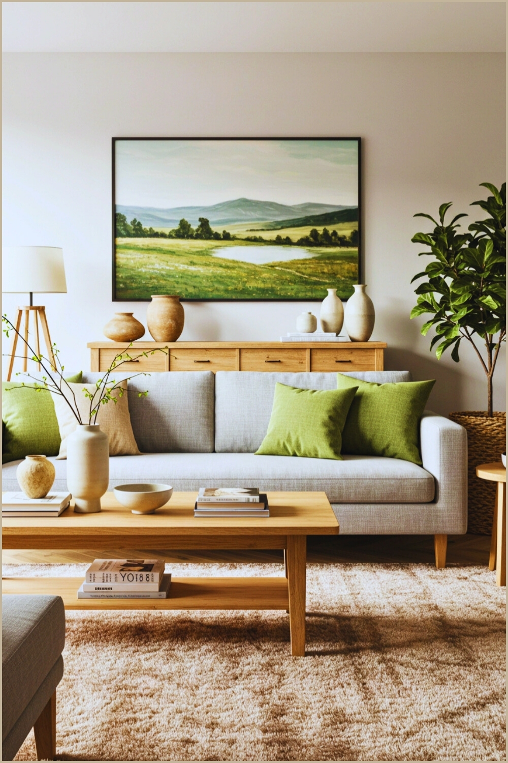 Calm Serene Living Room Gray Sofa And Green Pillows