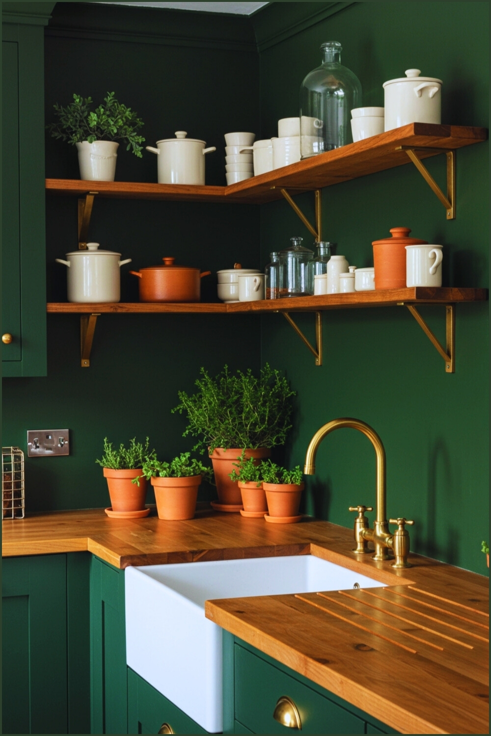 Charming Kitchen Deep Green Cabinets Wooden Shelves