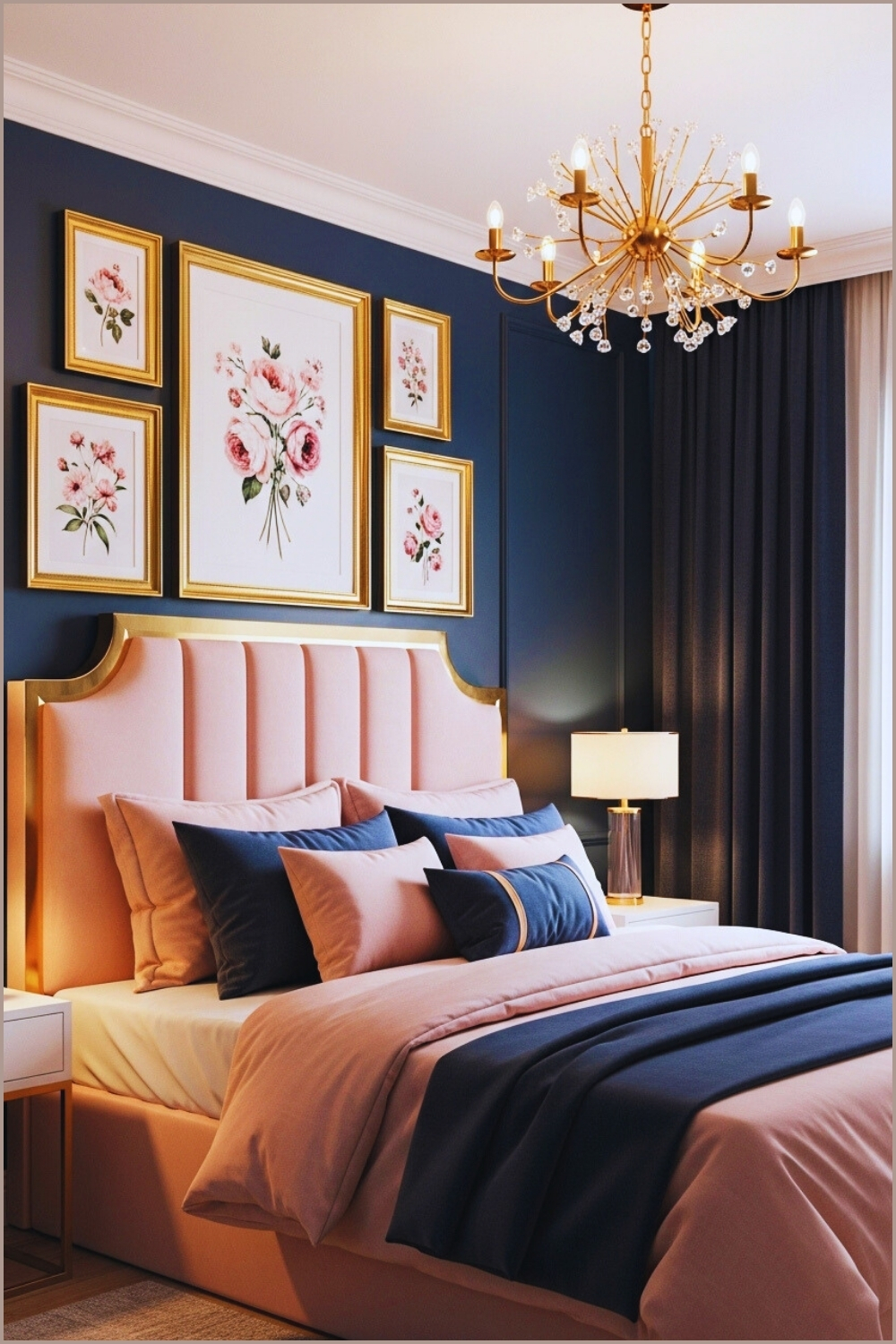 Chic Bedroom With Navy Blue Walls And Blush Pink Bedding