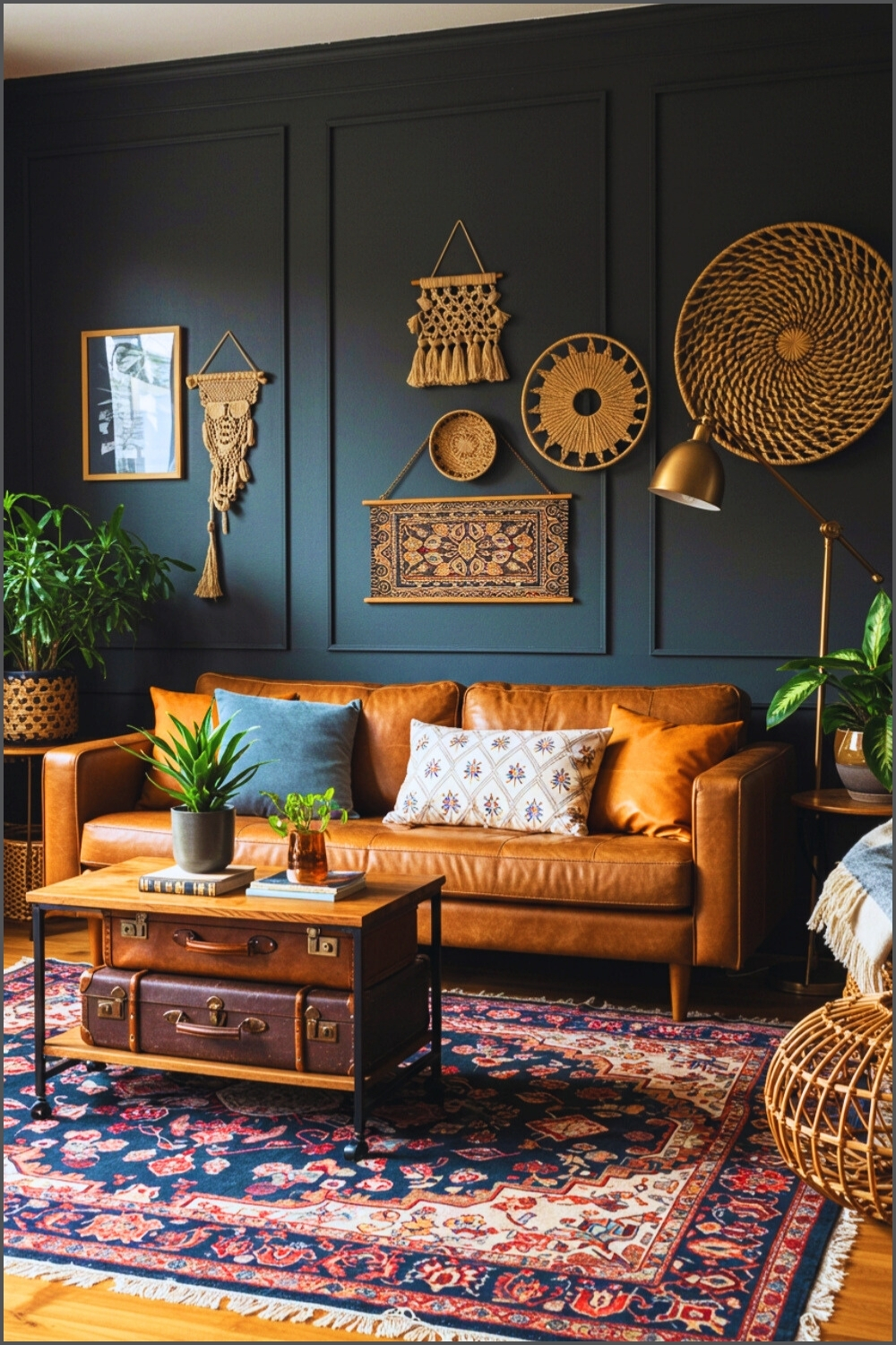 Chic Boho Living Room Dark Walls Leather Sofa