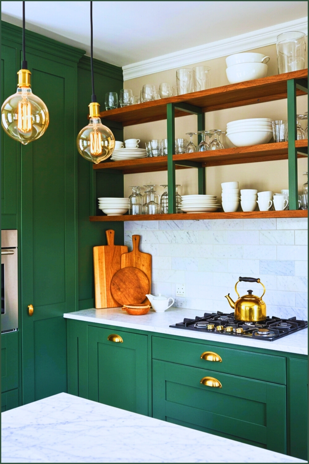 Chic Corner Kitchen Deep Green Cabinets Shelves
