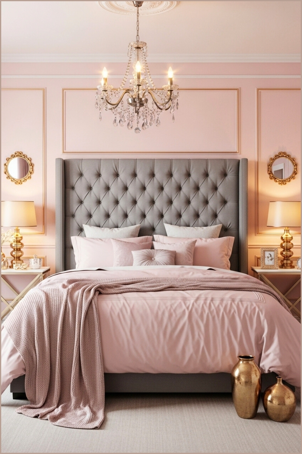 Chic Luxury Bedroom, Blush Pink Walls With Gold Trim, Tufted Gray Bed