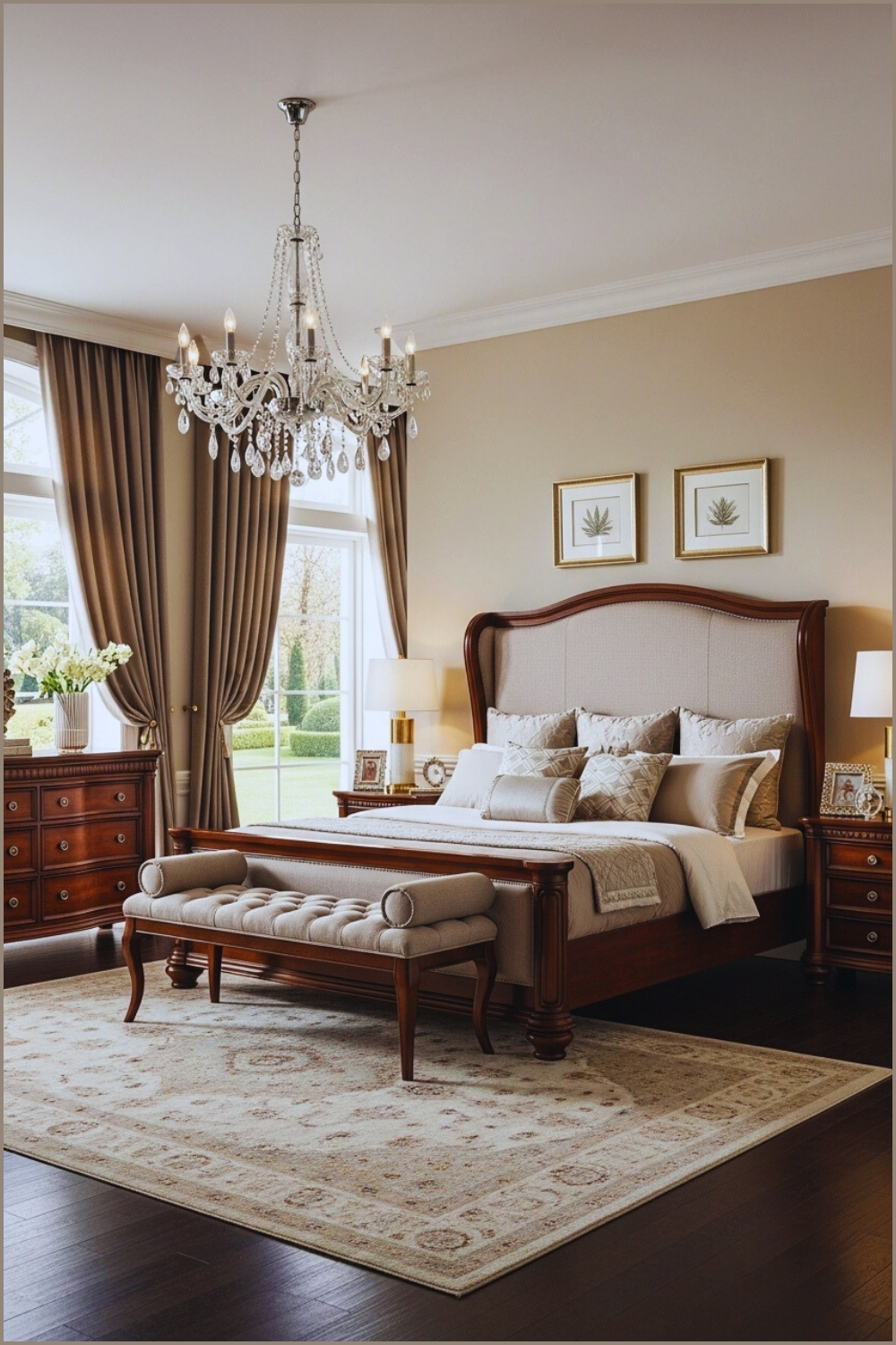 Classic Elegant Bedroom With Cherry Wood Furniture, Tufted Bench At Foot Of Bed