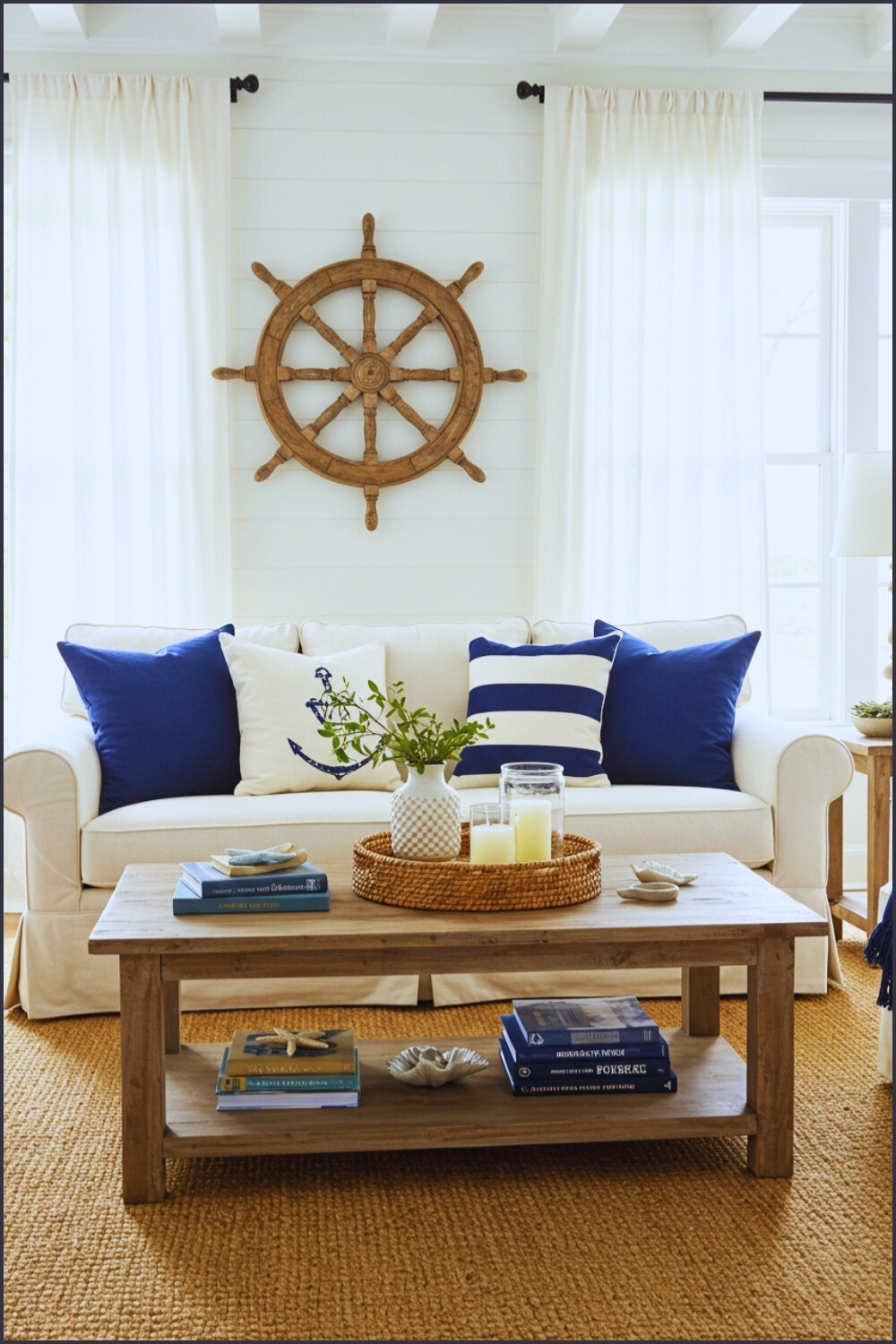 Classic Nautical Living Room With White Sofa Navy Accents