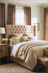Classic Neutral Bedroom With Tufted Beige Headboard Layered Cream And Gold