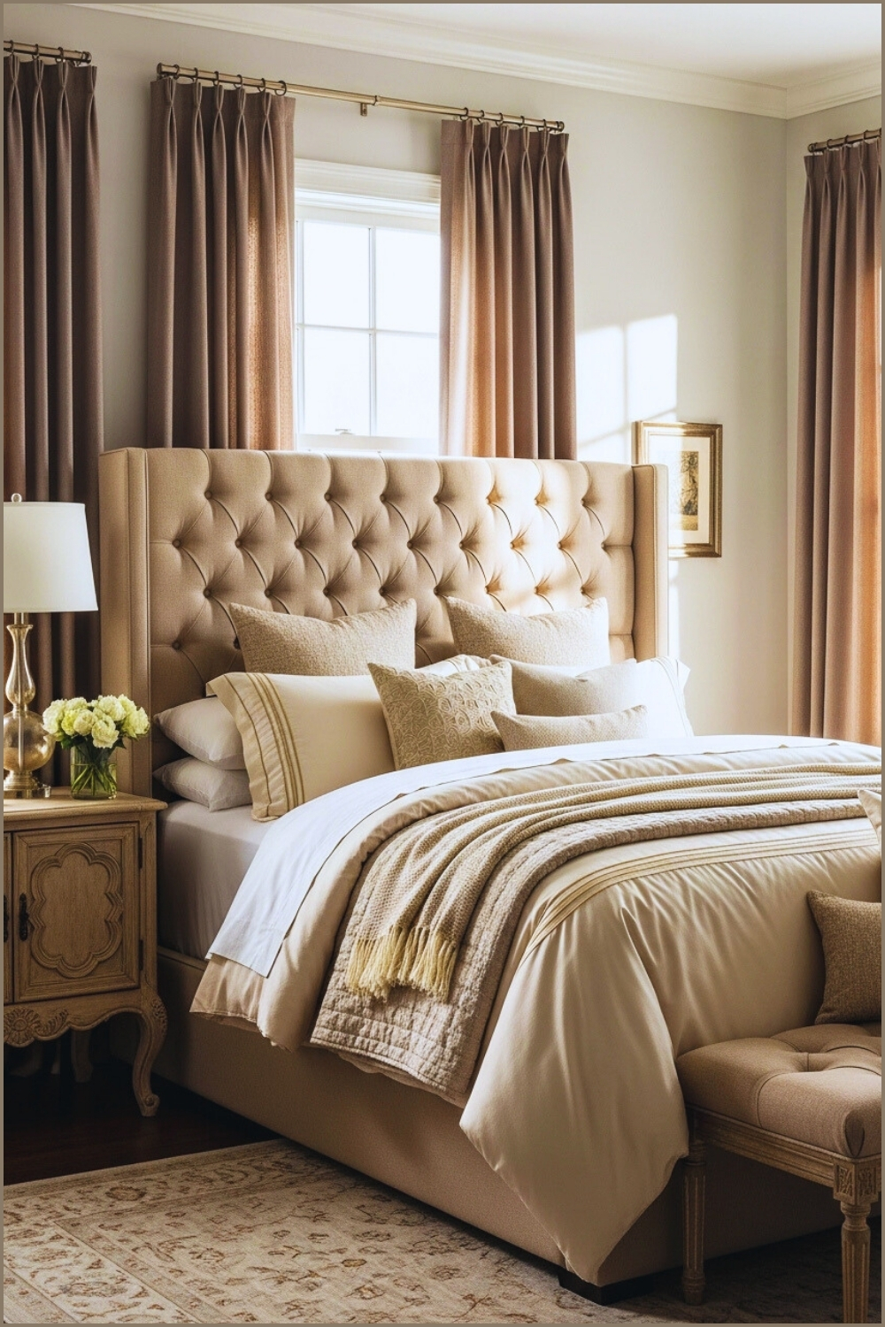 Classic Neutral Bedroom With Tufted Beige Headboard Layered Cream And Gold