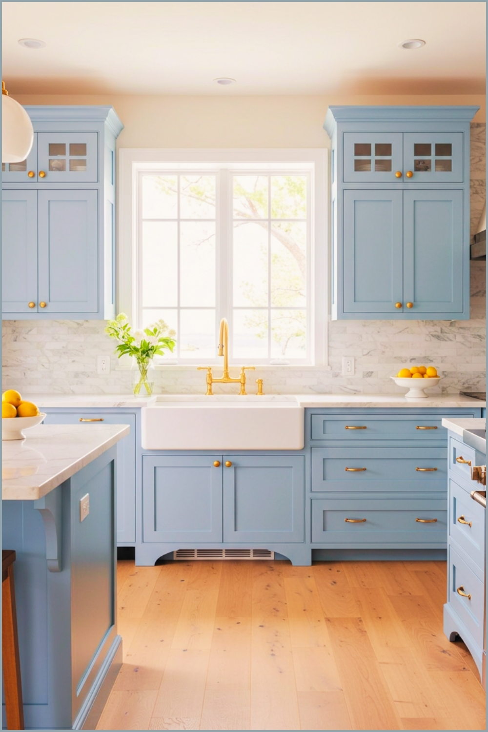 Coastal Farmhouse Kitchen With Sky Blue Shaker Cabinets