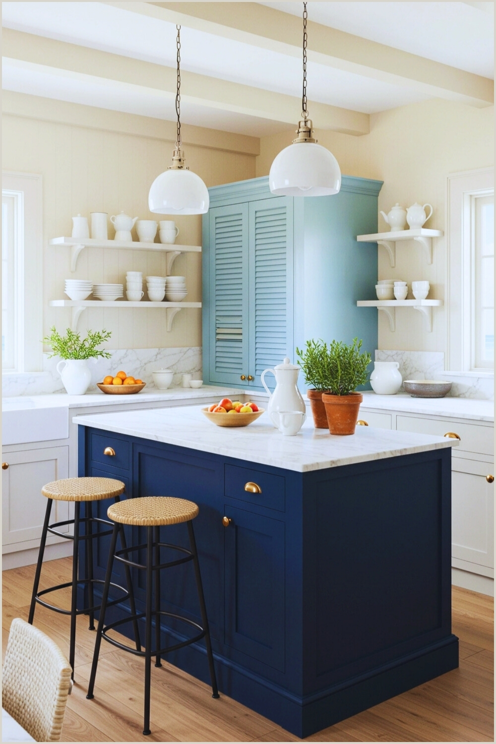 Coastal Kitchen White Beamed Ceiling