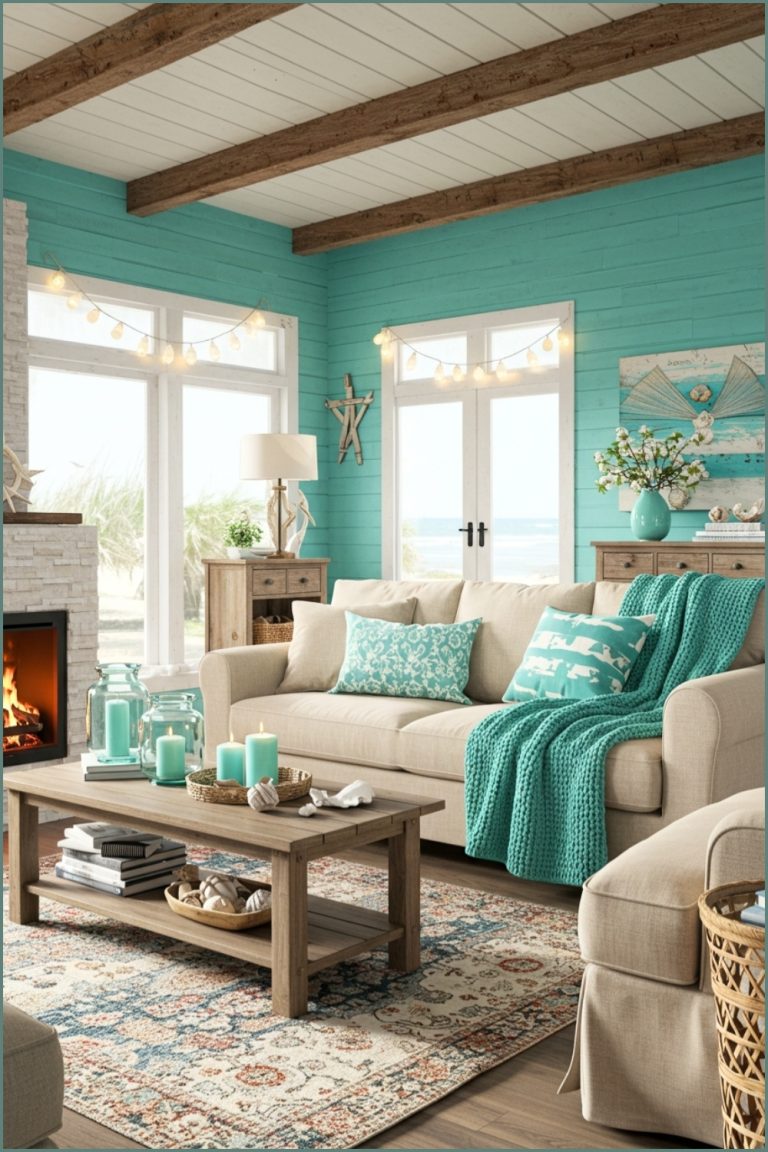Coastal Living Room Aqua Blue Wooden Beams