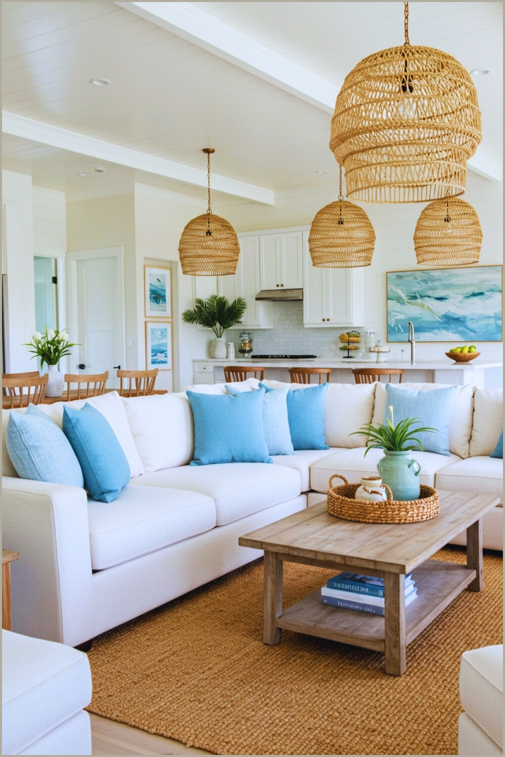 Coastal Living Room Kitchen View Blue Pillows
