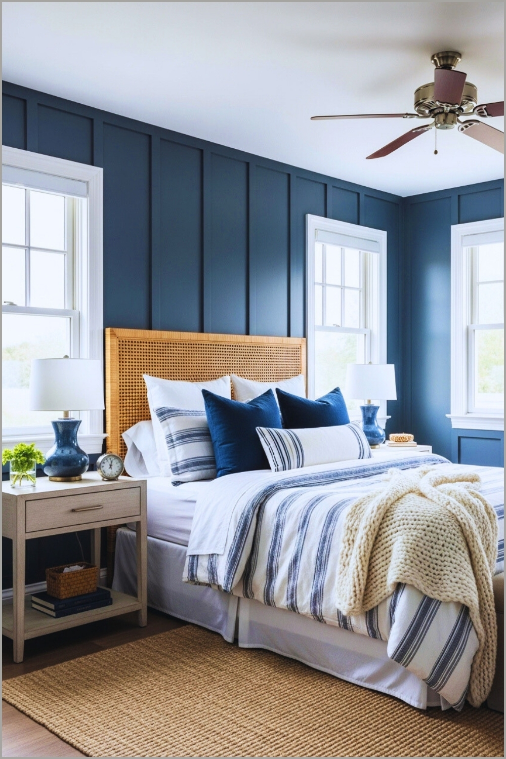 Coastal Nautical Bedroom With Navy Blue Paneled Walls White Trim