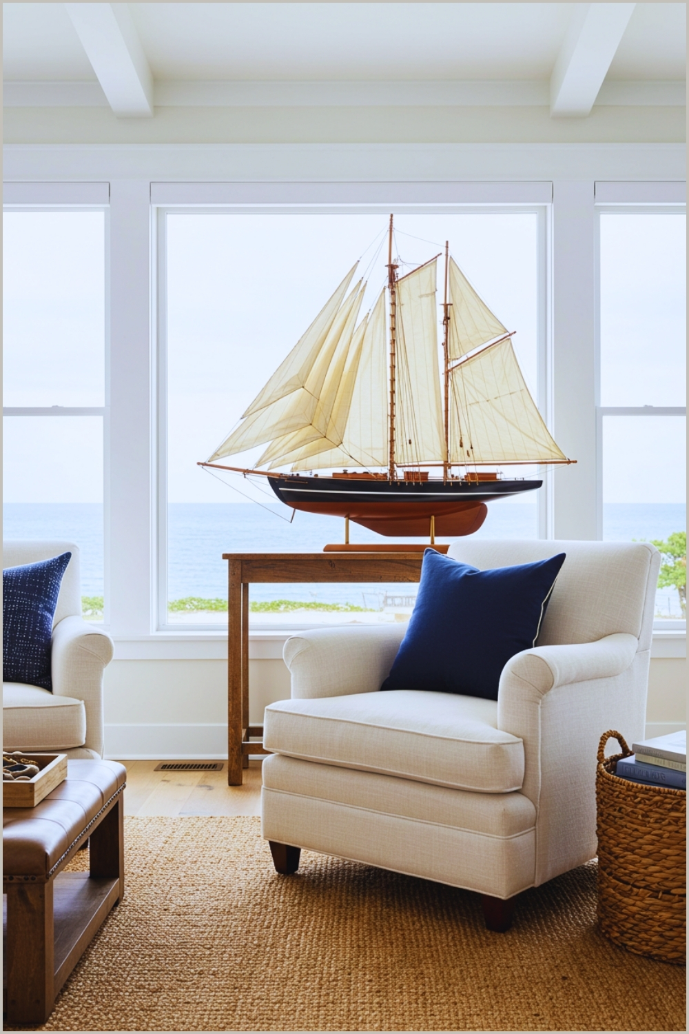 Coastal nautical inspired living room with large sailboat model as centerpiece